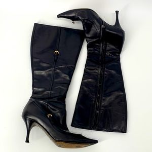 FENDI Black Leather Heeled Boots Tall Zipper
